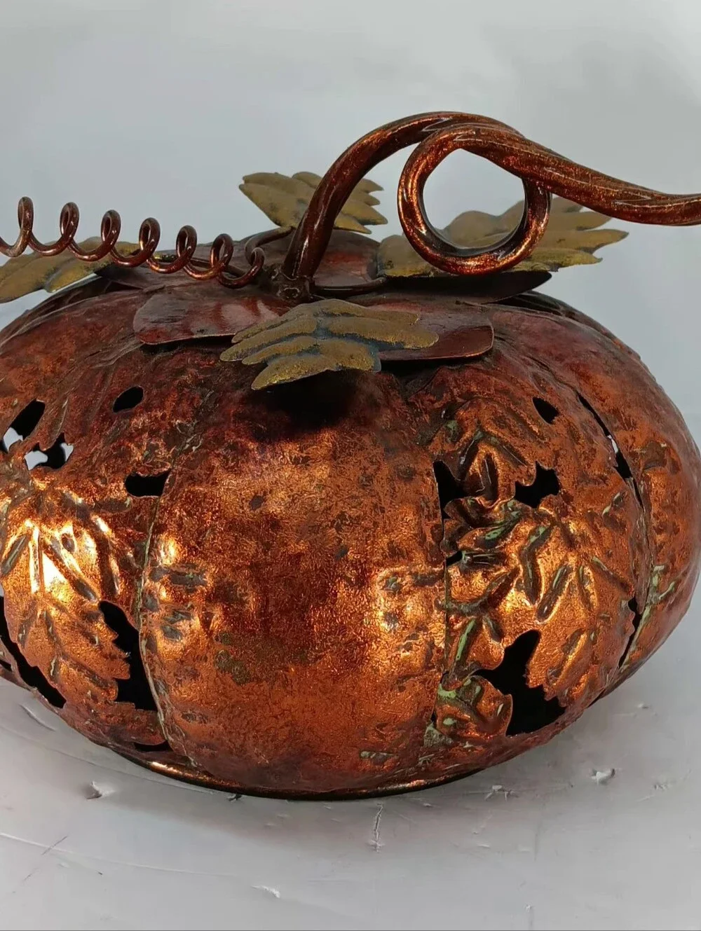 Decorative Metal Pumpkin In Burnt Copper with Gold Leaves
